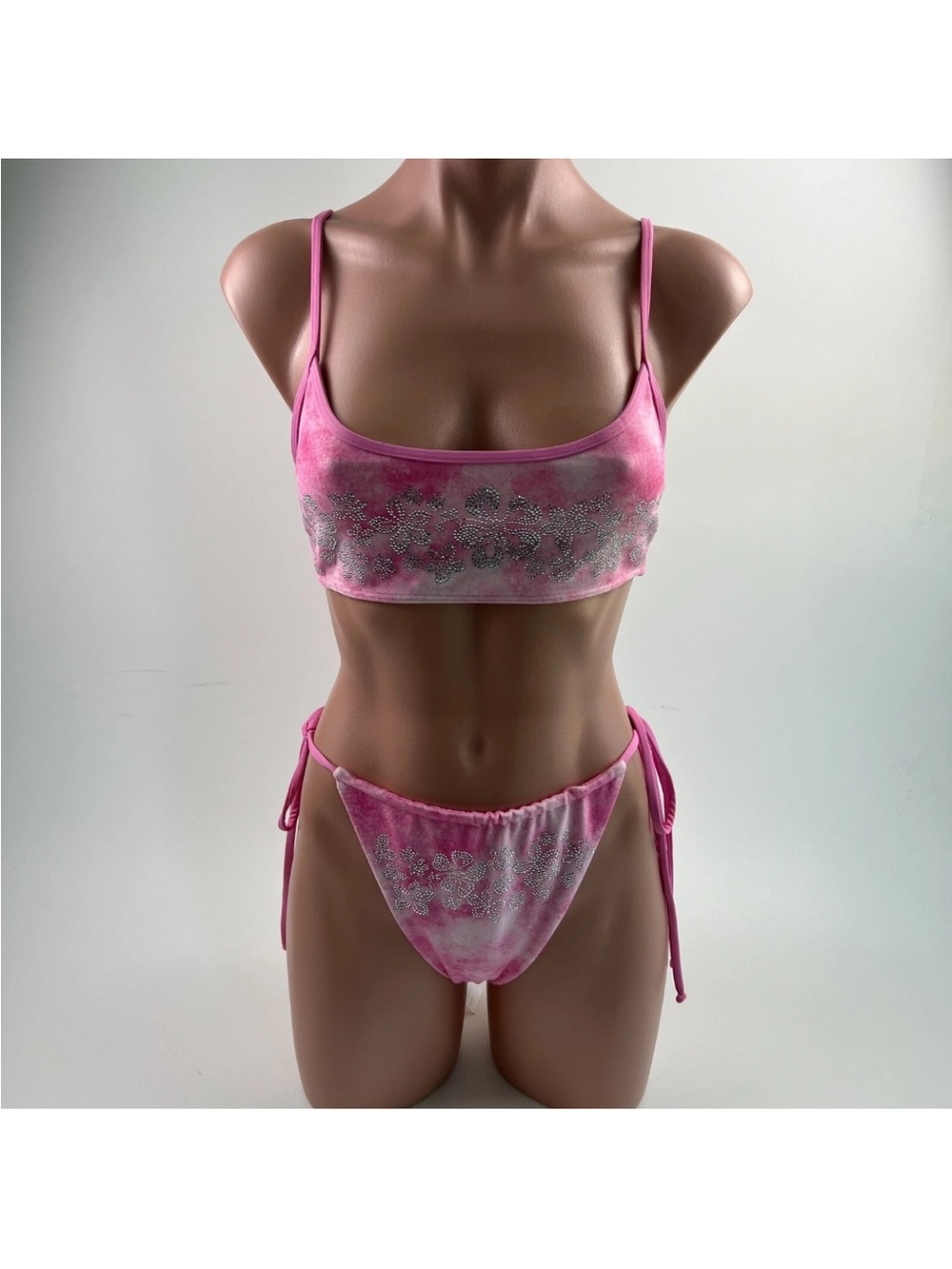 Frankie's Bikinis Pink Tie-Dye Crystal Floral Bikini Set y2k - Picture 4 of 8